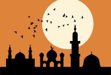 লাল আকাশে উড়ন্ত পাখির সাথে মসজিদ ও মিনার