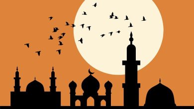 লাল আকাশে উড়ন্ত পাখির সাথে মসজিদ ও মিনার