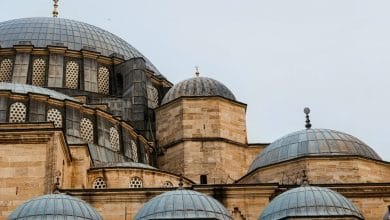 Detailed view of the cascading domes and stone walls of the Süleymaniye Mosque in Istanbul