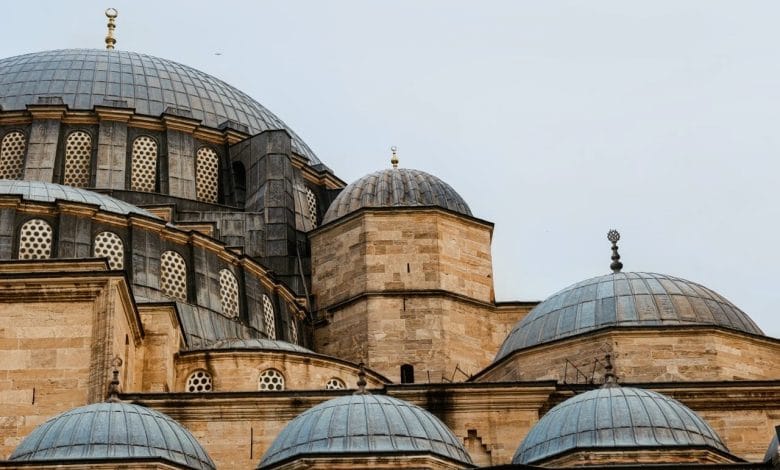 Detailed view of the cascading domes and stone walls of the Süleymaniye Mosque in Istanbul